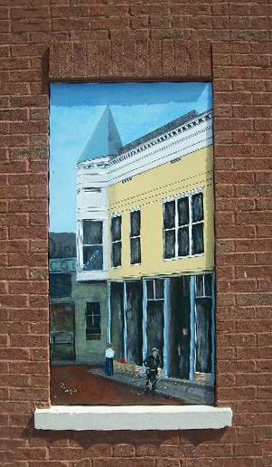 Window artwork: Chamber-Stevens
							Building.